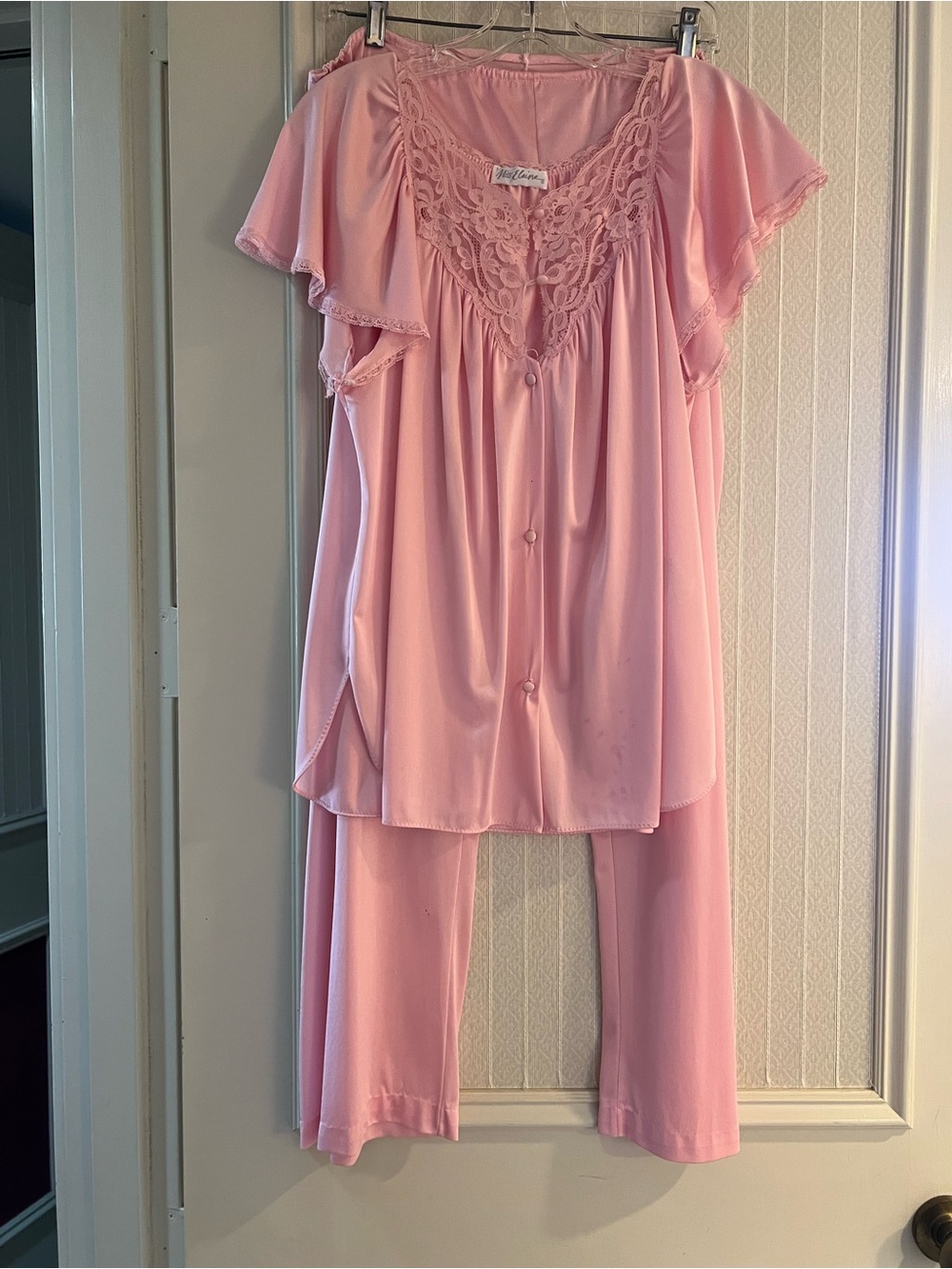 Miss Elaine Pink Two-Piece Lace-Trim Pajama Set